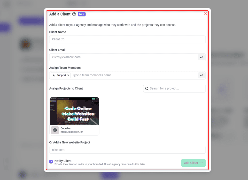 Adding a client with their email, name and credits