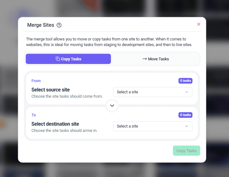 Merge Sites modal with source and destination projects chosen