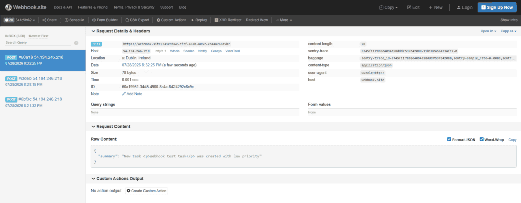 Webhook.site request page showing a received POST whose summary mixes text with the task title and priority