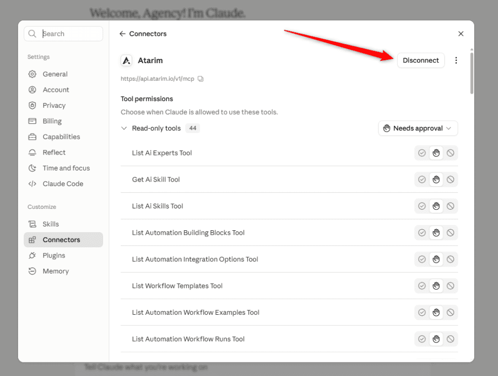 Claude's Connectors settings showing Atarim connected, with its tool permissions and a Disconnect button