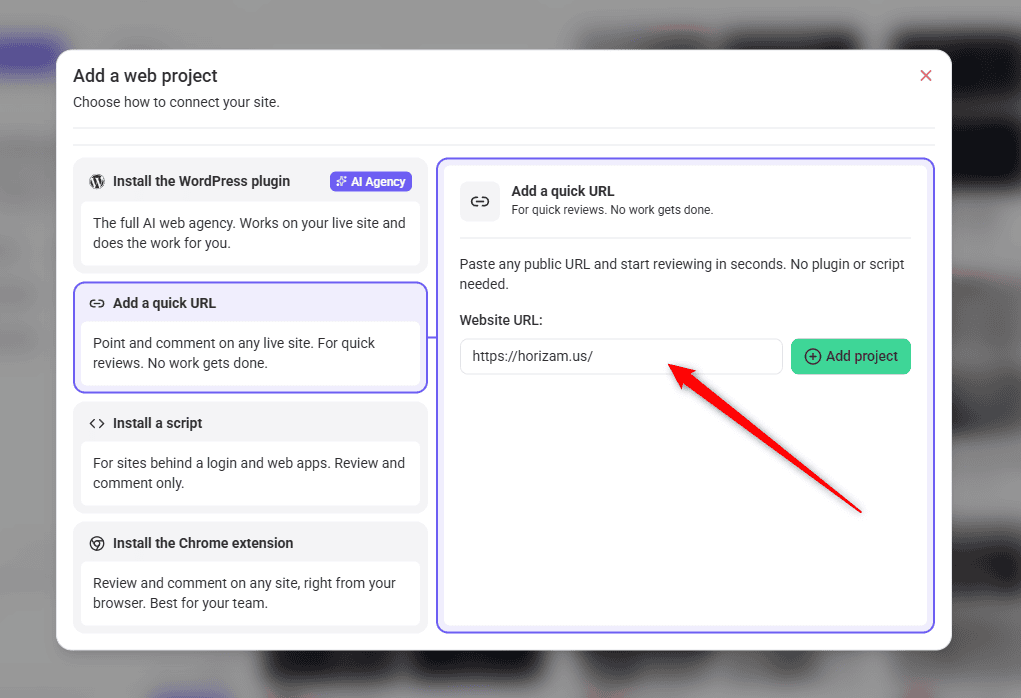 The two ways a URL project can be displayed: inside Atarim, or with the Chrome extension