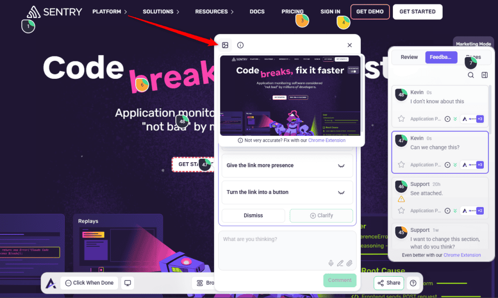A task open on the page with its screenshot icon selected, showing the page as it looked when the feedback was left
