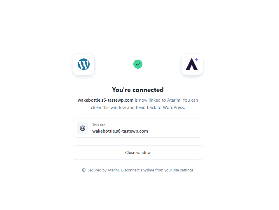The You're connected confirmation naming the linked site, with a Close window button