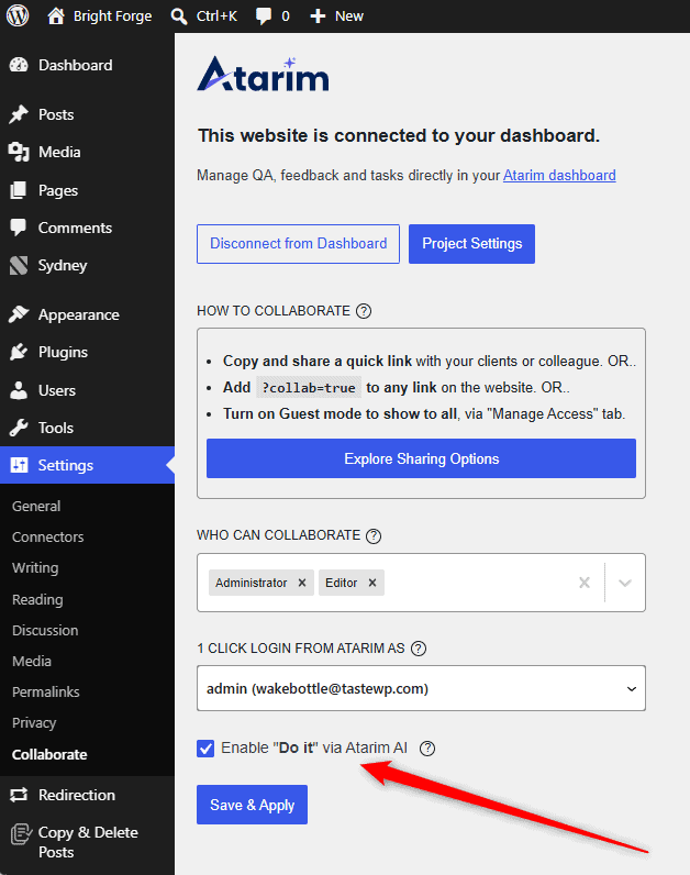 Collaborate settings in WordPress with an arrow on the Enable "Do it" via Atarim AI checkbox