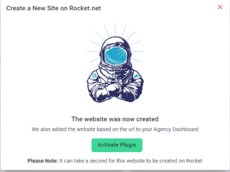 The screen shown after the site is created