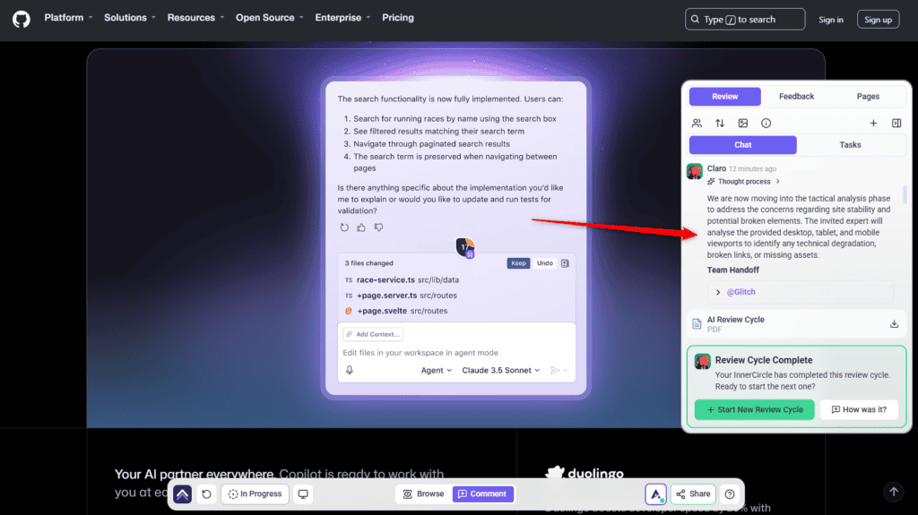 Review tab chat with Claro's update, a Team Handoff to Glitch and the Review Cycle Complete card