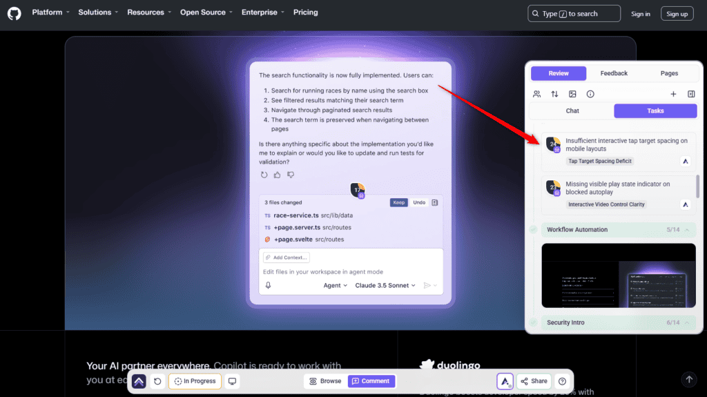 Review panel Tasks tab listing findings with their tags, such as Tap Target Spacing Deficit, grouped by section