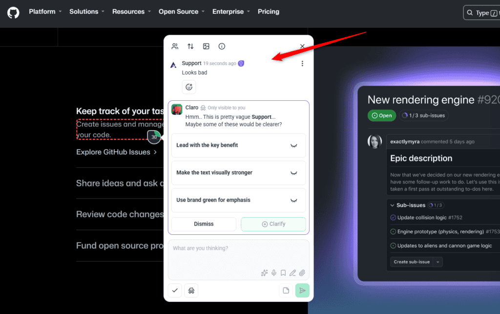 Claro's three clarification options under a vague Looks bad comment, with Dismiss and Clarify buttons