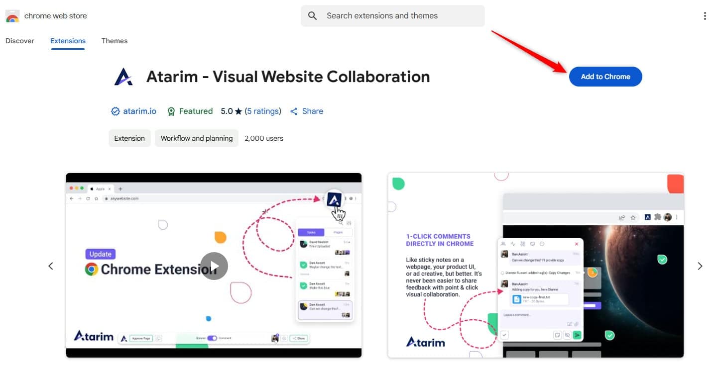 The Atarim listing on the Chrome Web Store with the Add to Chrome button