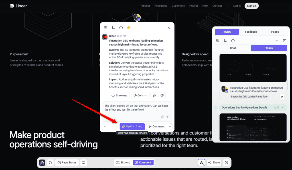 Glitch's finding with a follow-up typed and the Send to Claro button beside Comment