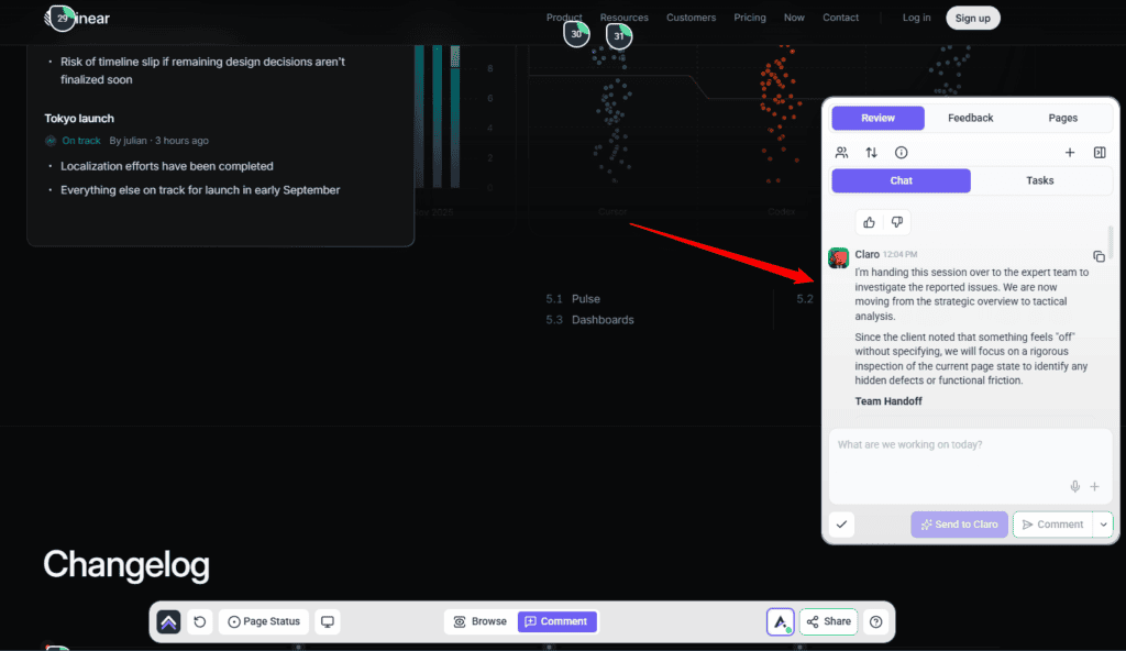 Review tab chat with Claro handing the session to the expert team, under a Team Handoff heading