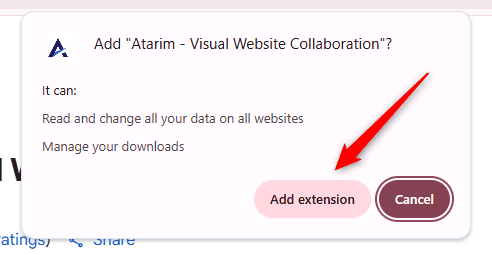 Chrome's confirmation popup for adding the Atarim extension