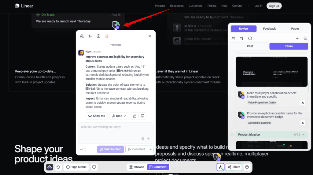 A Navi finding with Current, Solution and Impact, beside the review's task list
