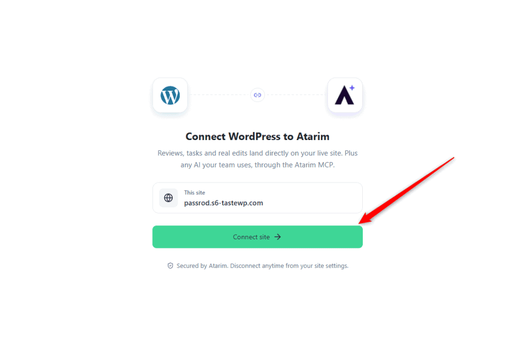 Atarim plugin’s Connect WordPress to Atarim screen with the site under This site and the Connect site button
