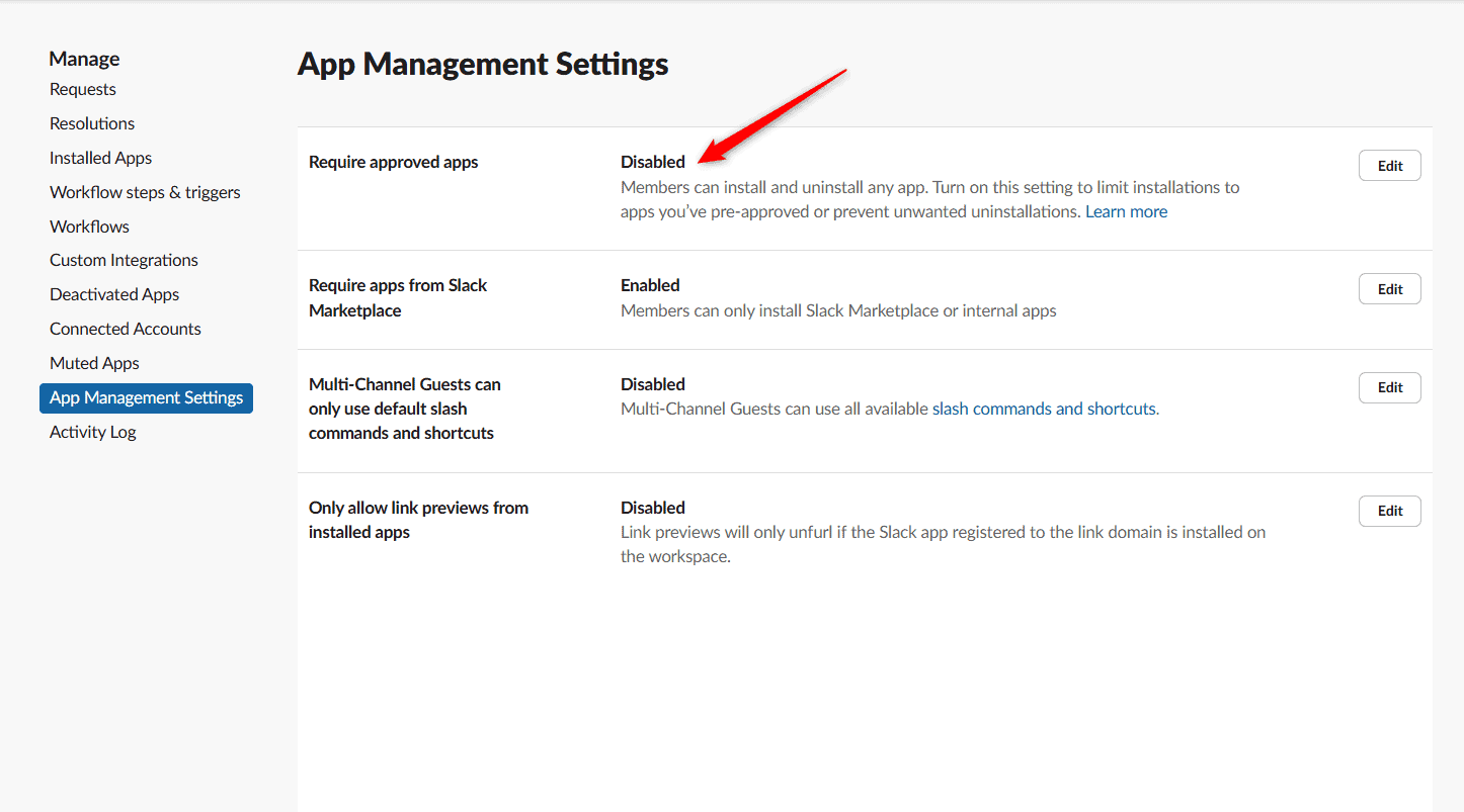 Turning off the Require App Approval setting in Slack