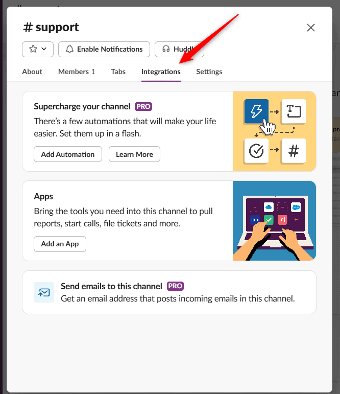 The Integrations tab in a Slack channel's settings