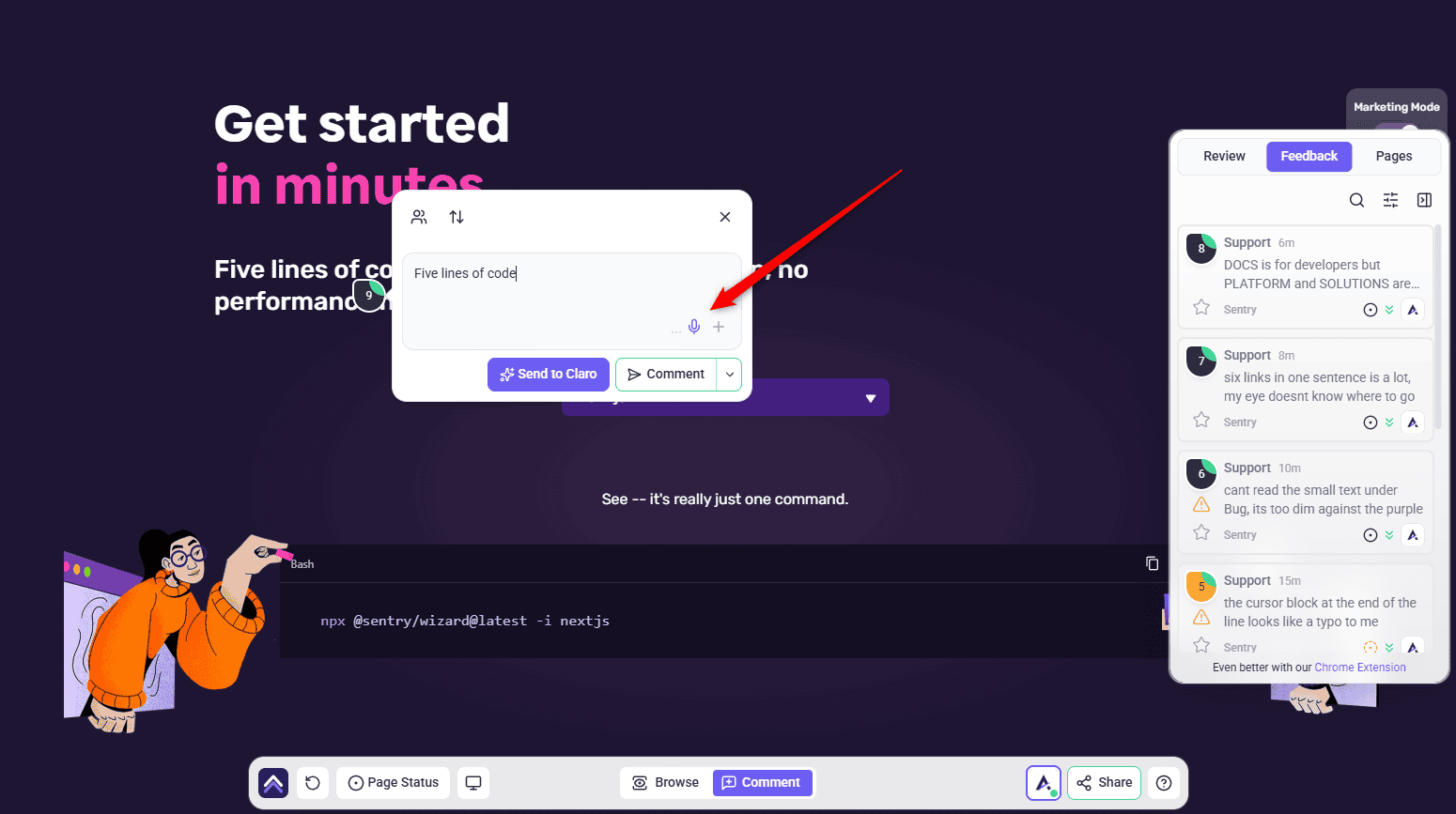 Comment box with a sentence being dictated and the microphone icon active beside the plus button