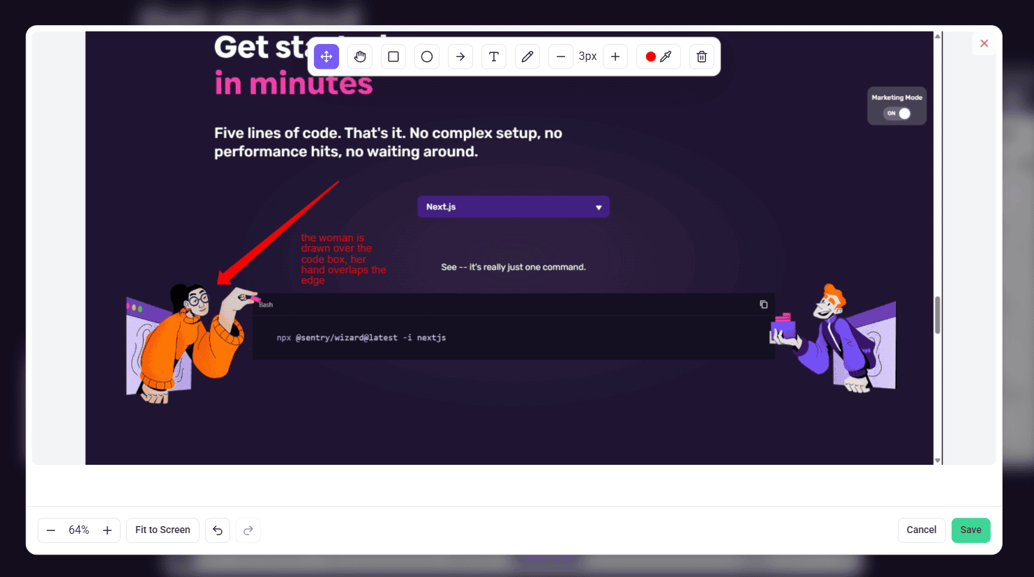 Markup editor open on the captured page, with drawing tools along the top, an arrow and note added, and Save