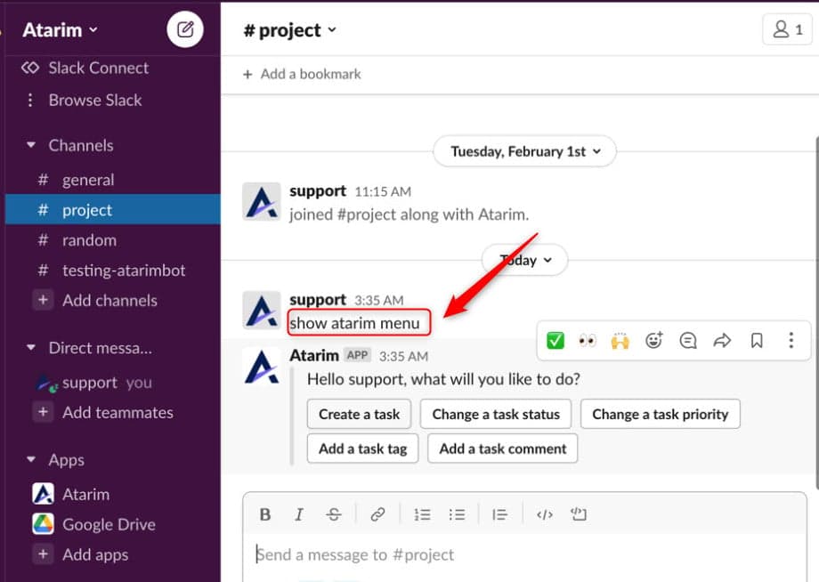 The Atarim action menu buttons in a Slack channel