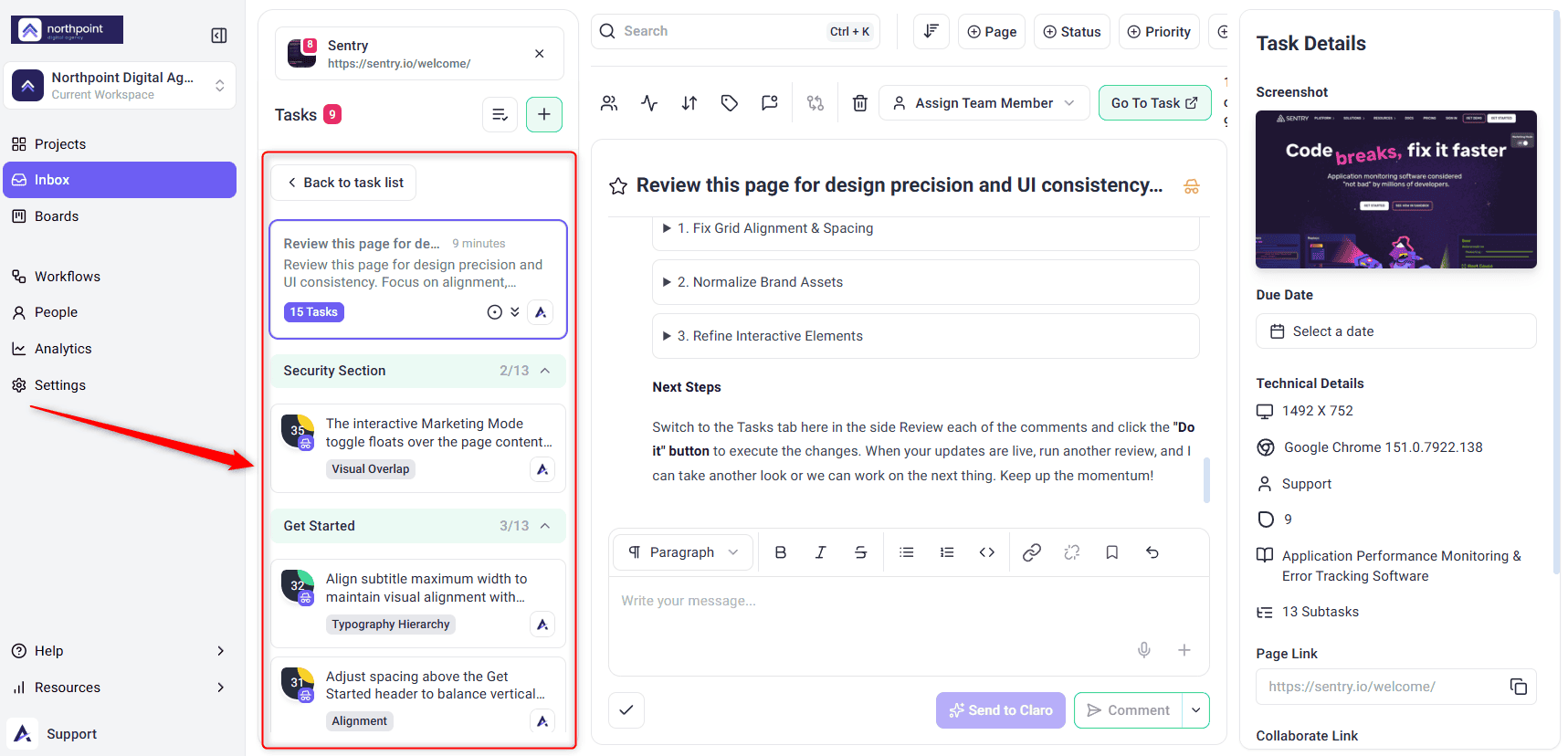 Inbox showing an AI review task with its findings grouped by section, such as Security Section and Get Started