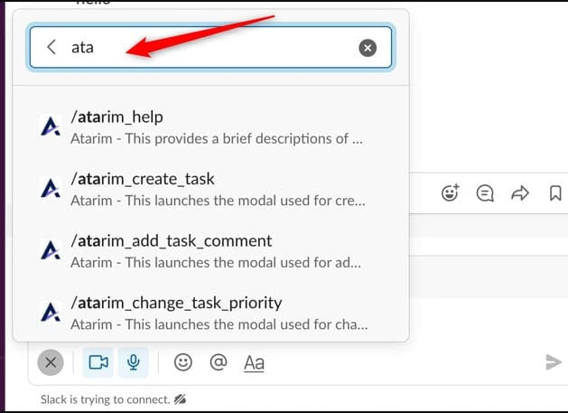 Atarim slash commands suggested in Slack's message box