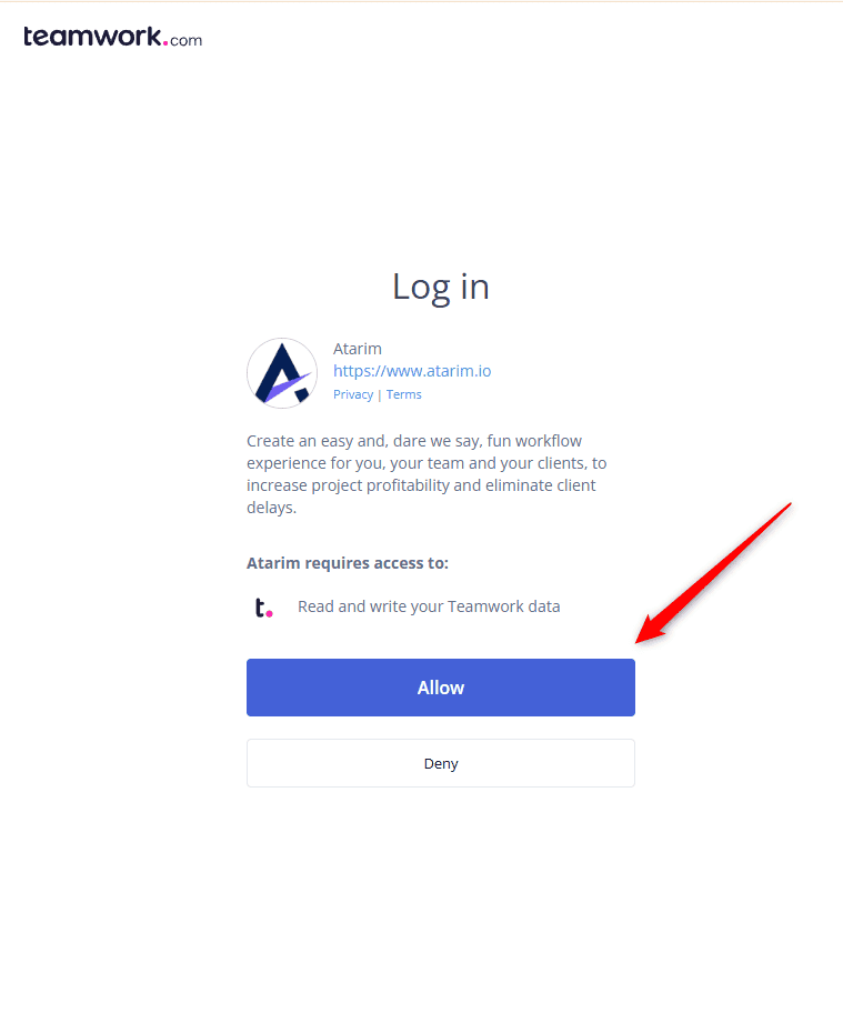Teamwork confirmation screen with the Allow button