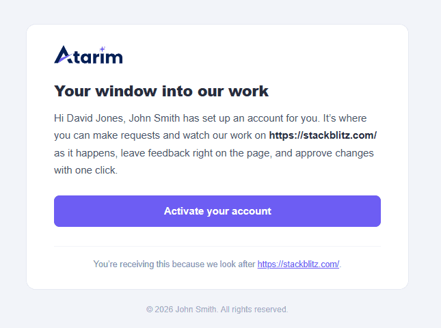 Invitation email from the agency titled Your window into our work, with the Activate your account button