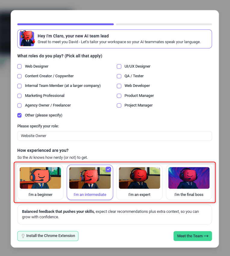 Client setup with I'm an intermediate selected under How experienced are you?