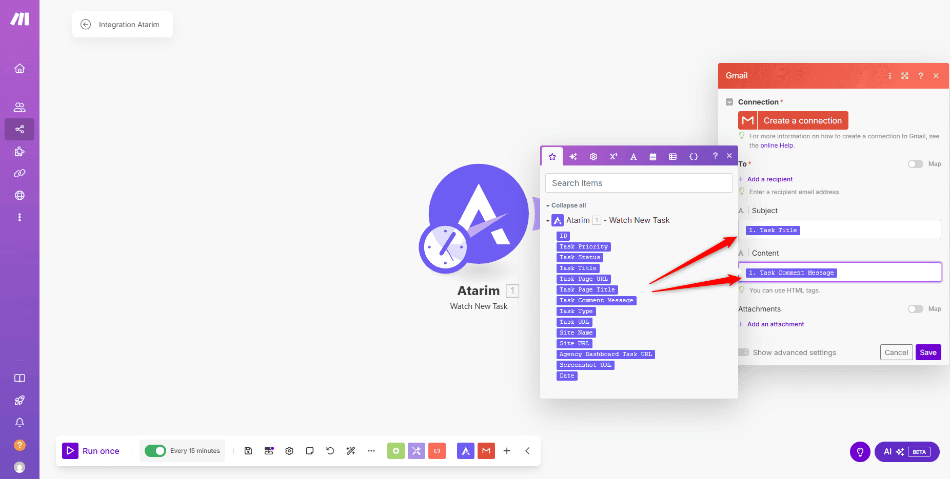 Mapping Atarim task fields into the destination module in Make