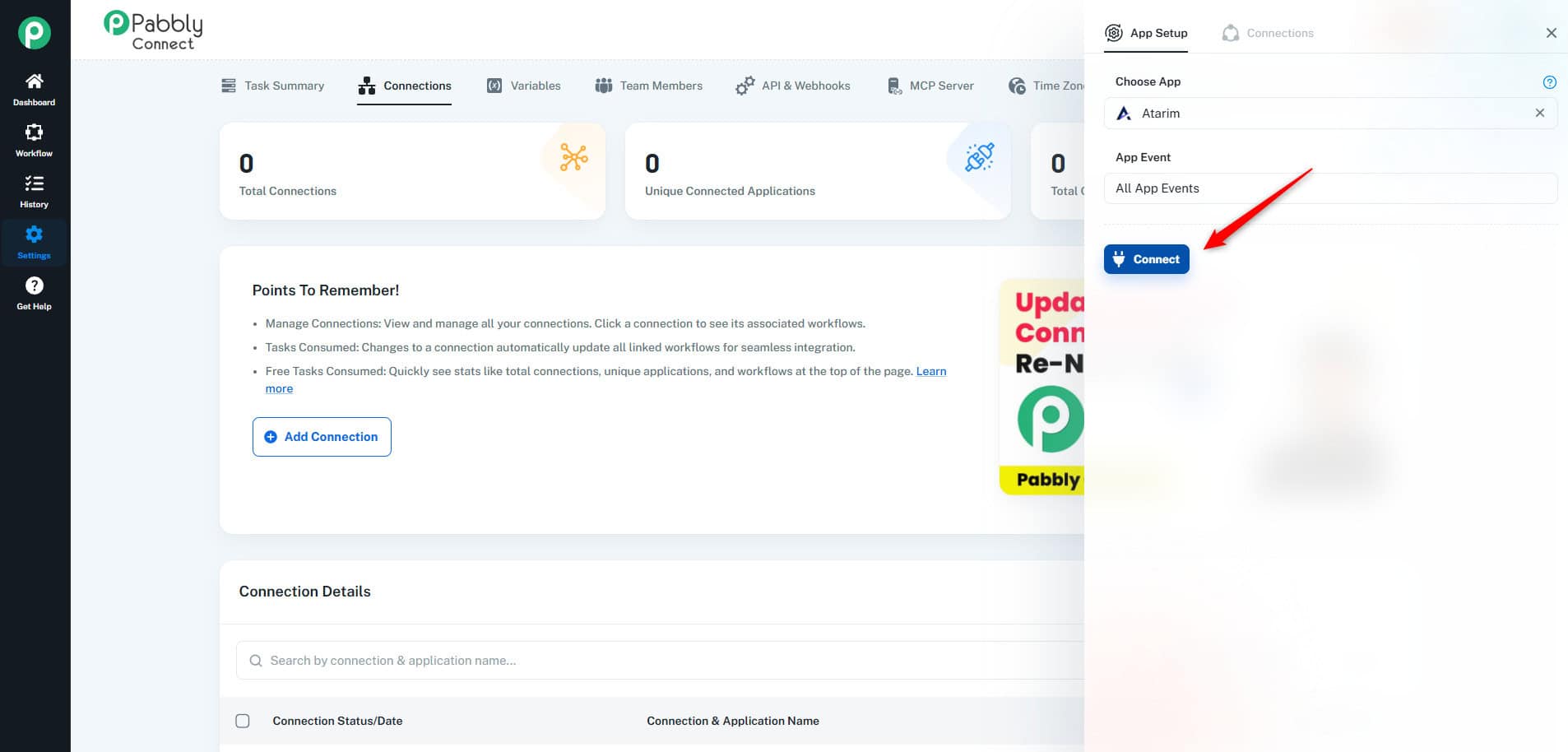 The Connect button for the Atarim connection in Pabbly