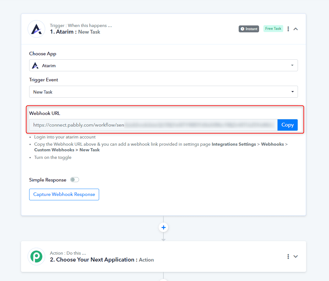 The webhook URL generated by Pabbly, ready to copy into Atarim