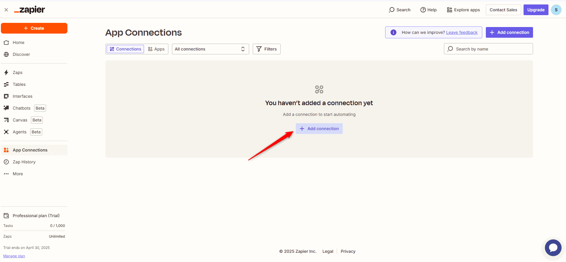 The Add Connection button in Zapier