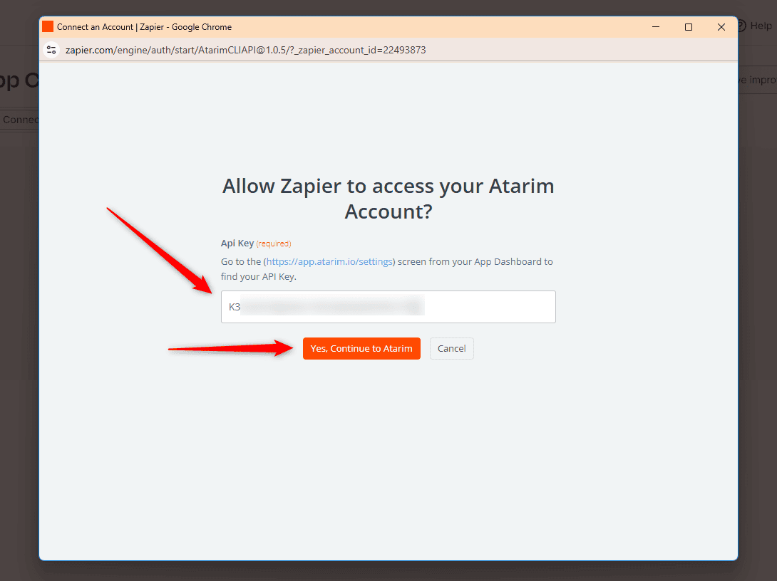 The API key modal in Zapier with the Yes, Continue to Atarim button
