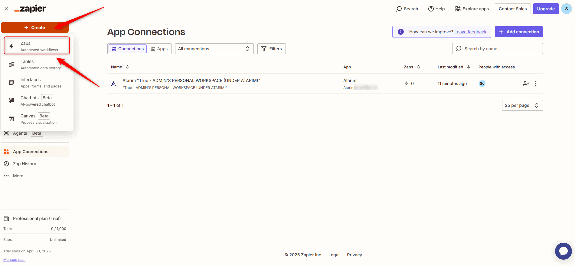 Selecting Create then Zaps in Zapier