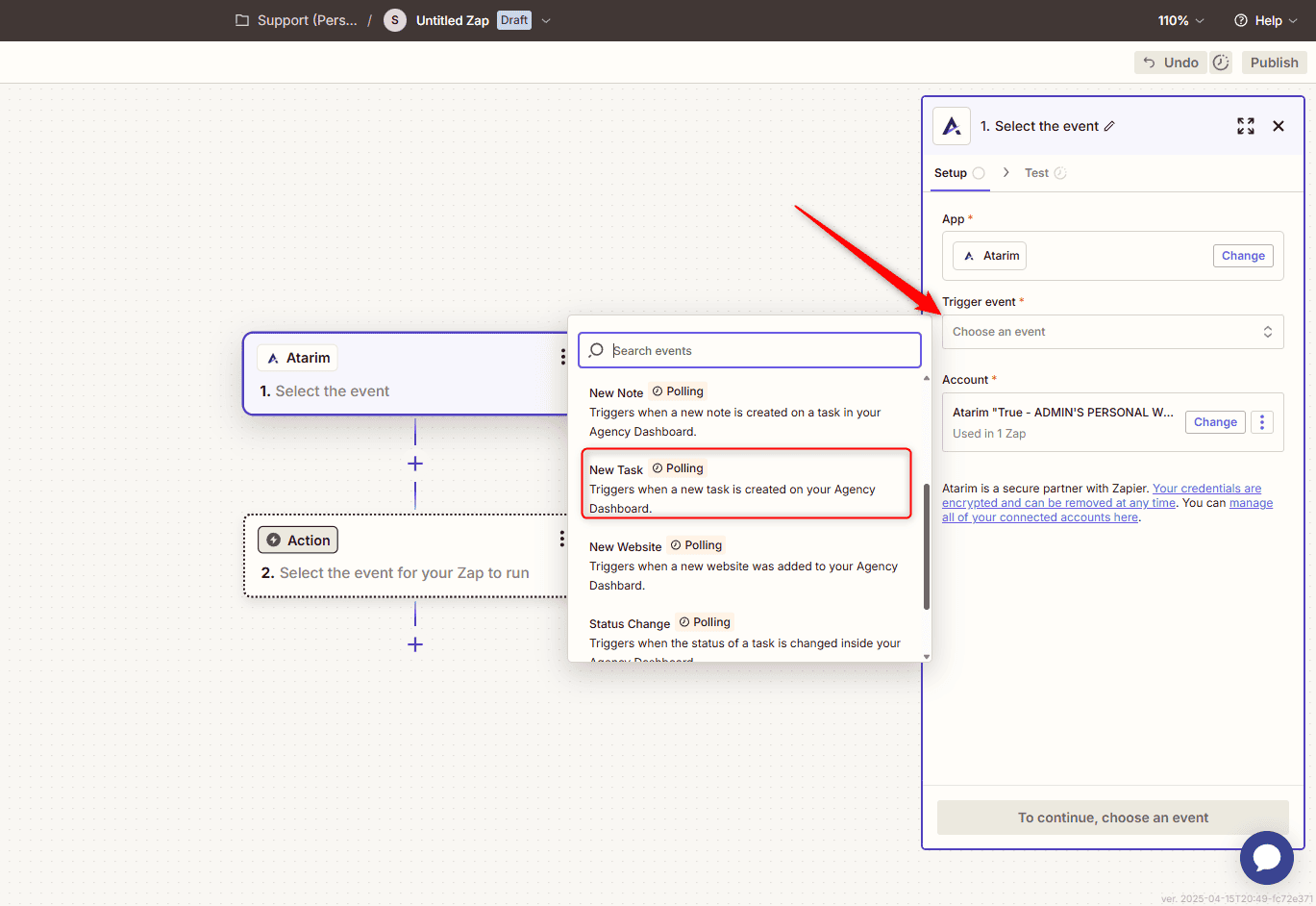 The trigger event dropdown showing Atarim's available events