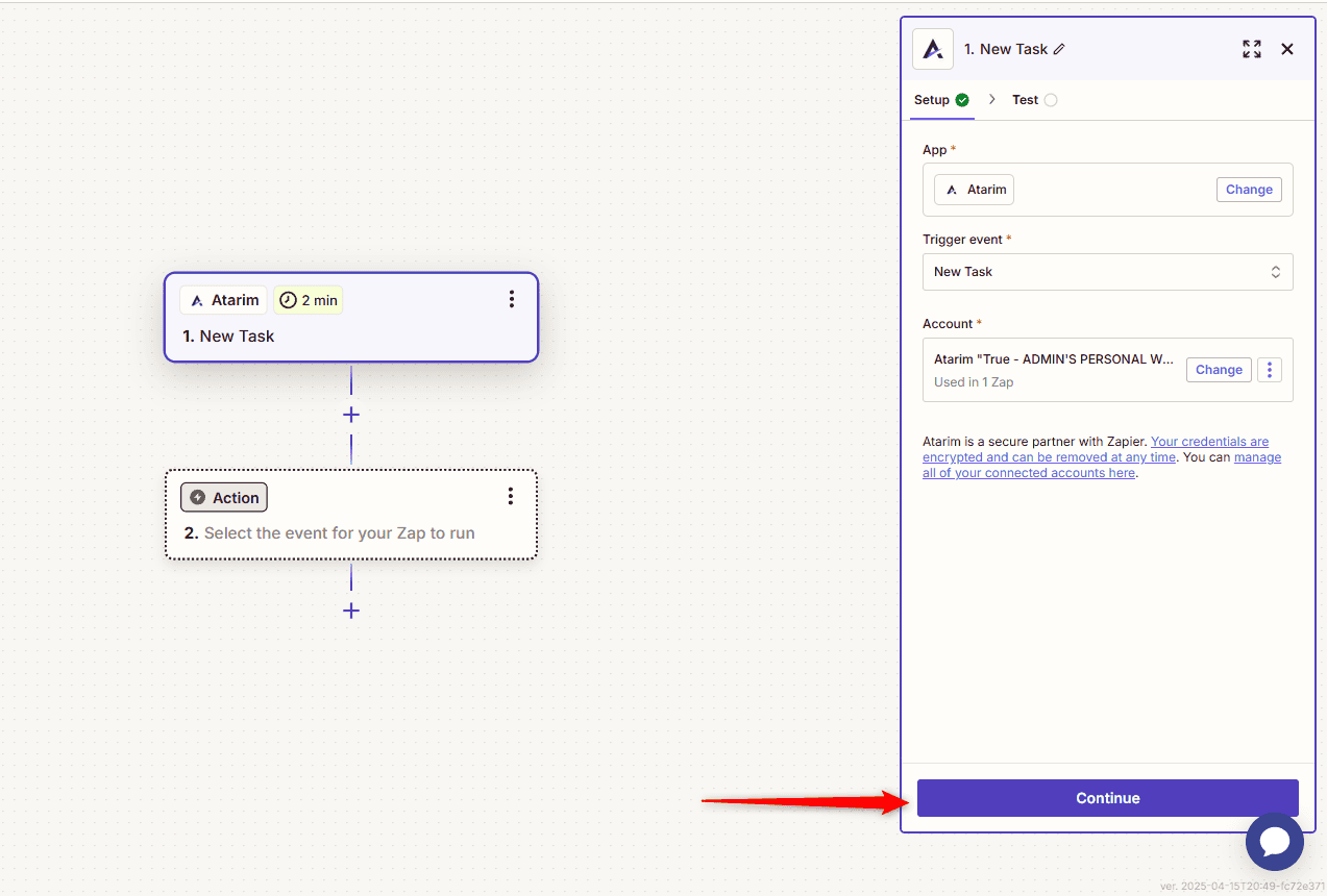 Choosing the connected Atarim account in Zapier