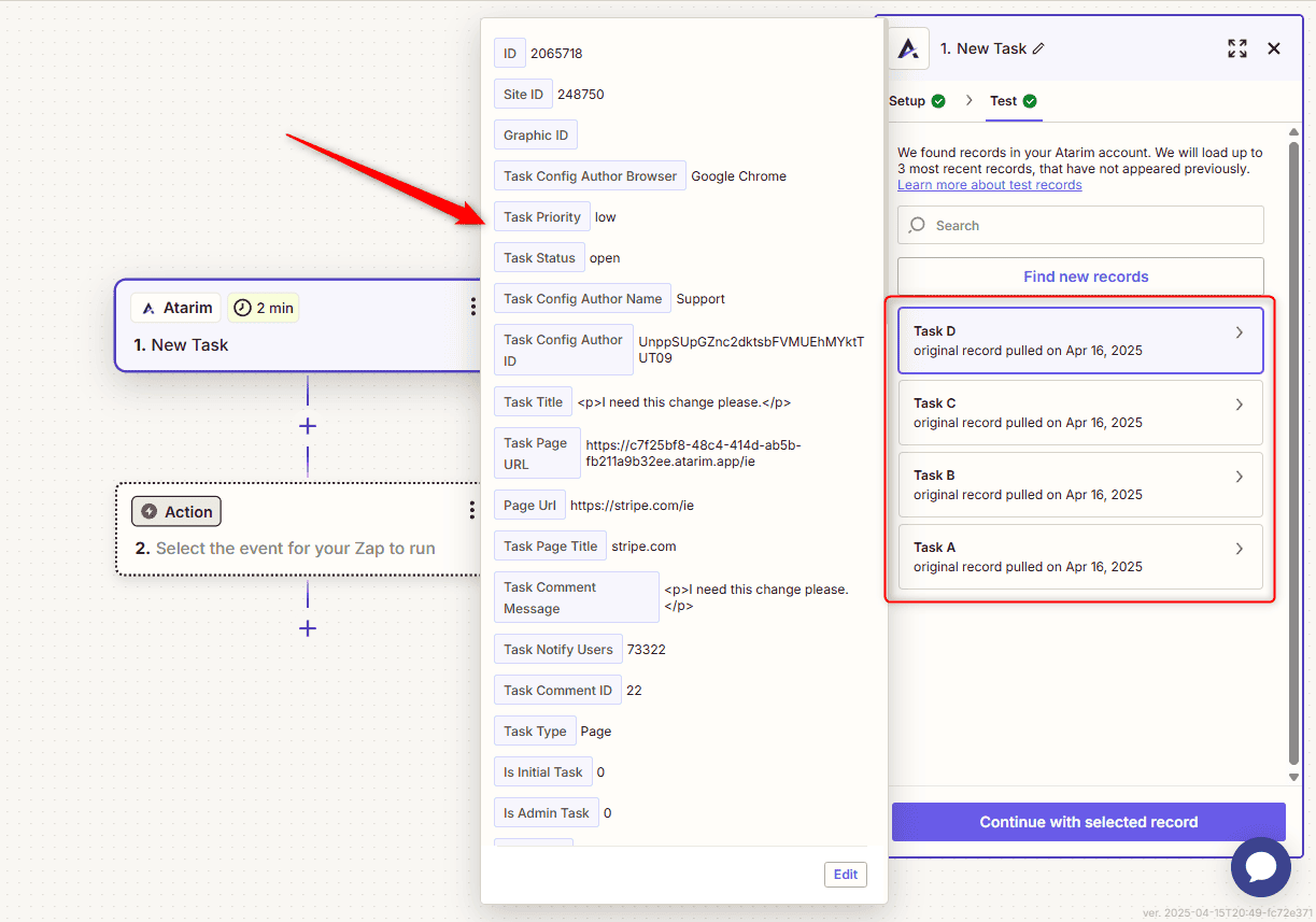 Task records returned by the Zapier trigger test