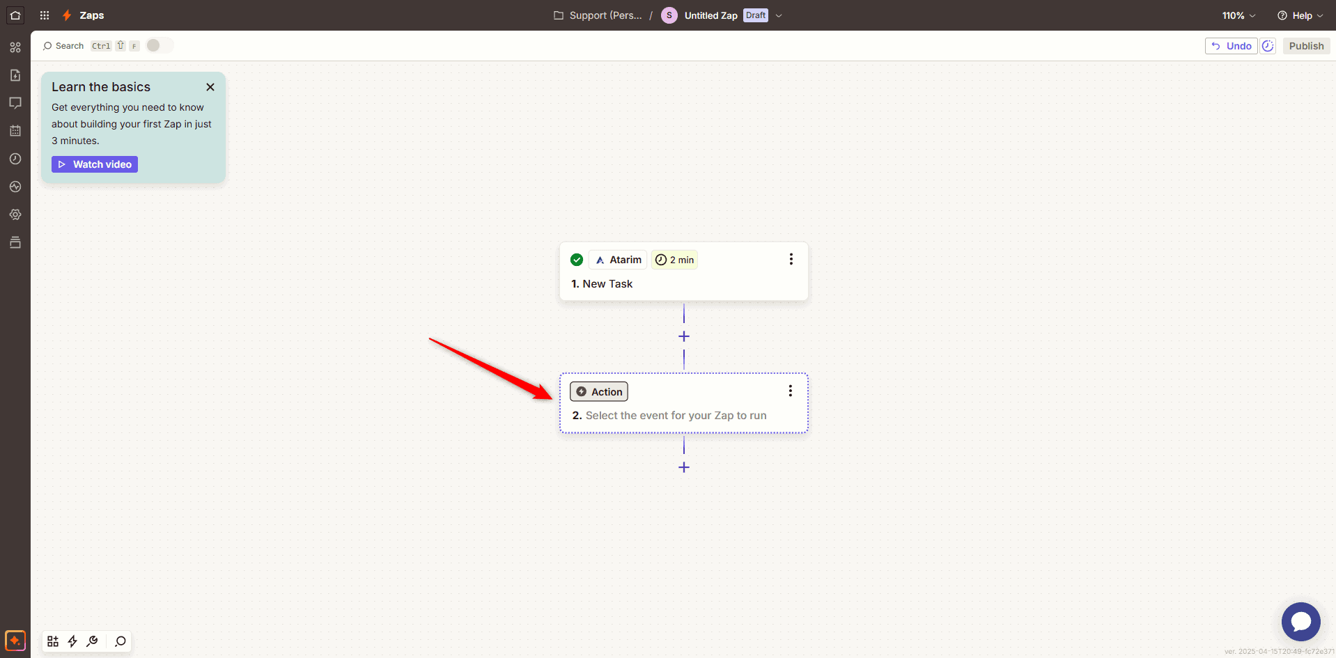 Selecting the Action step in a Zap