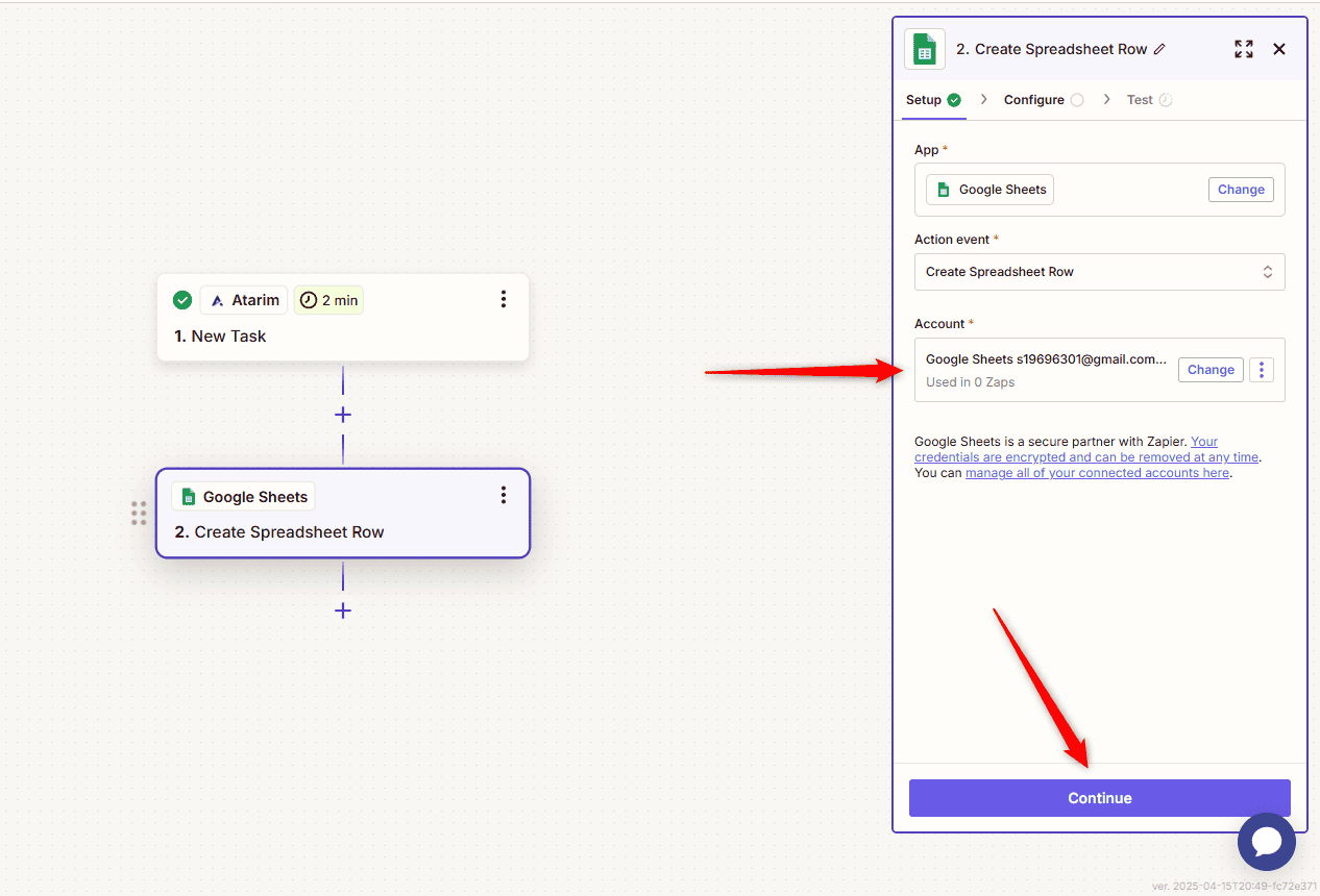 Connecting the destination app's account in Zapier