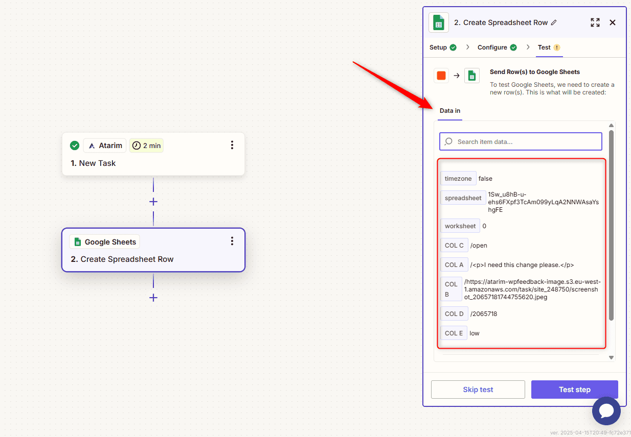 A completed Zap using Atarim data to create a Google Sheets row