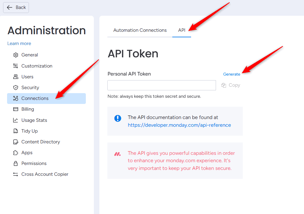 The Connections section and API tab in the monday.com admin panel