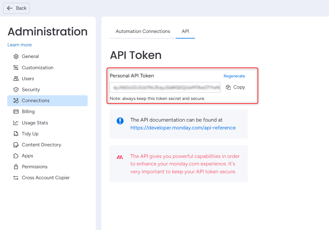 Generating and copying the monday.com API key