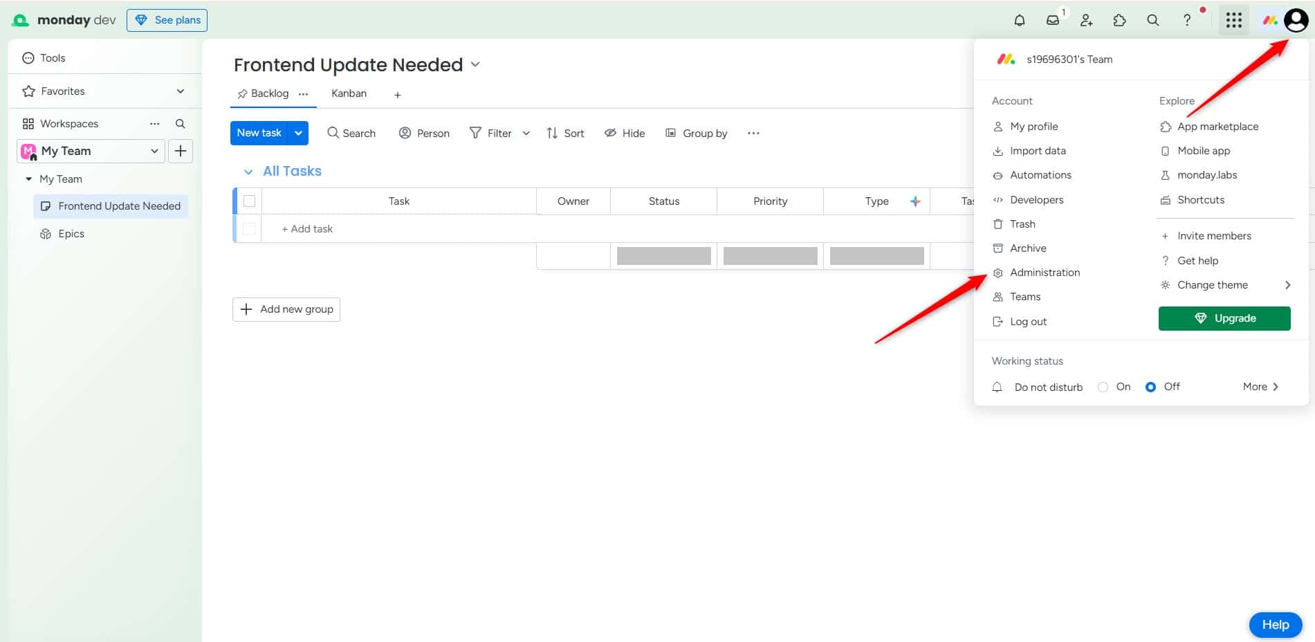 Reaching the Administration area from the avatar menu in monday.com