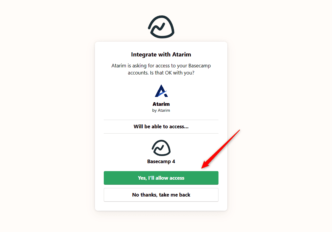 Basecamp authorisation screen