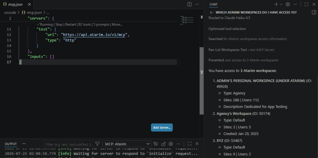 VS Code with the Atarim MCP server running and its chat listing the Atarim workspaces the account can access
