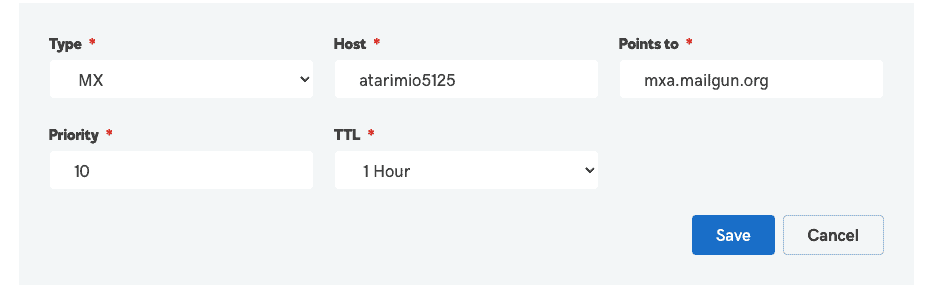 GoDaddy add-record form for an MX record, with Host atarimio5125 and Priority 10