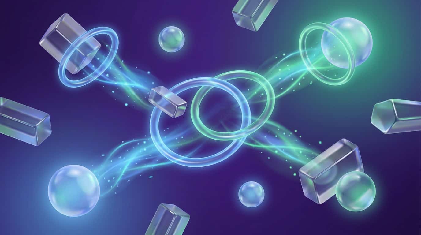 3D geometric visual representing knowledge sharing and multi-perspective teamwork in pair design with glowing emerald and slate blue particles