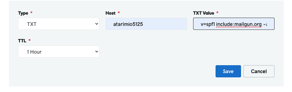GoDaddy add-record form for a TXT record, with Host atarimio5125 and a TXT Value starting v=spf1